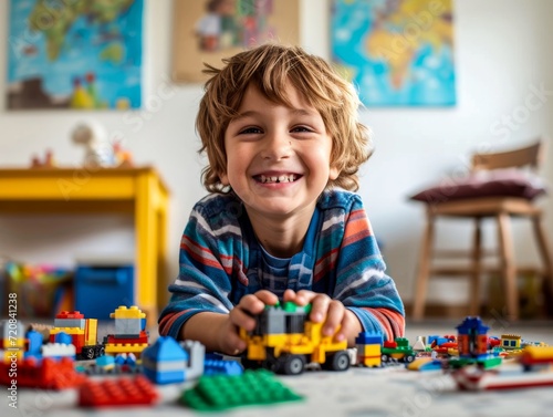 A young boy's face lights up with a smile as he happily plays indoors, creating a colorful world of imagination with his legos against the backdrop of a plain wall