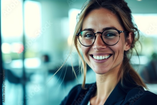 A joyful woman with stylish glasses showcases her bright smile, highlighting her perfectly shaped lips and eyebrows while exuding confidence and a sense of fashion