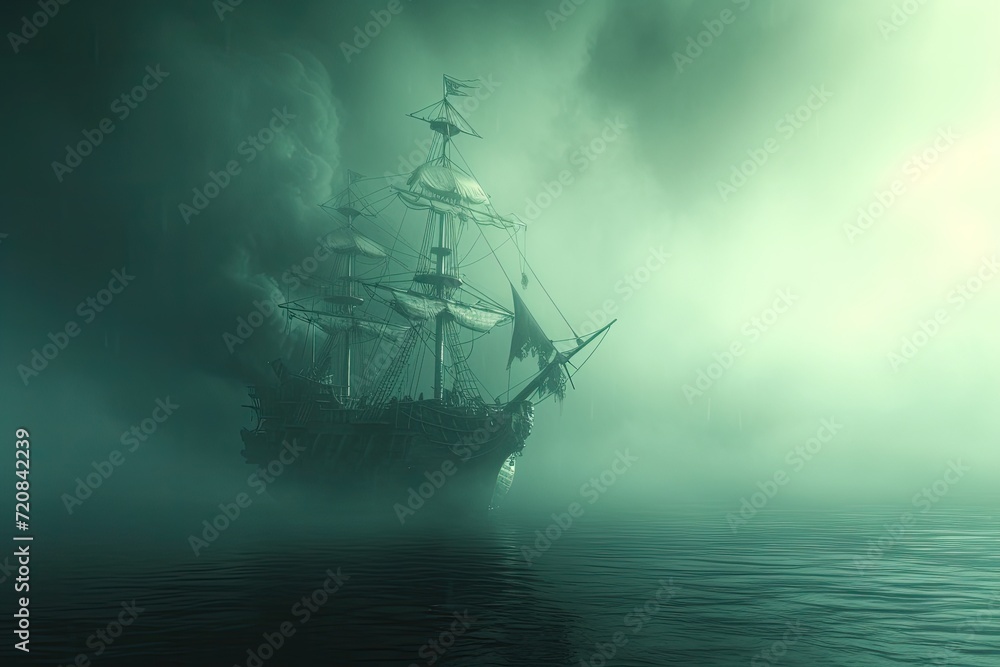 A haunted pirate ship sailing on a mysterious and foggy sea Ghostly ship A haunted pirate ship sailing on a mysterious and foggy sea Ghostly ship