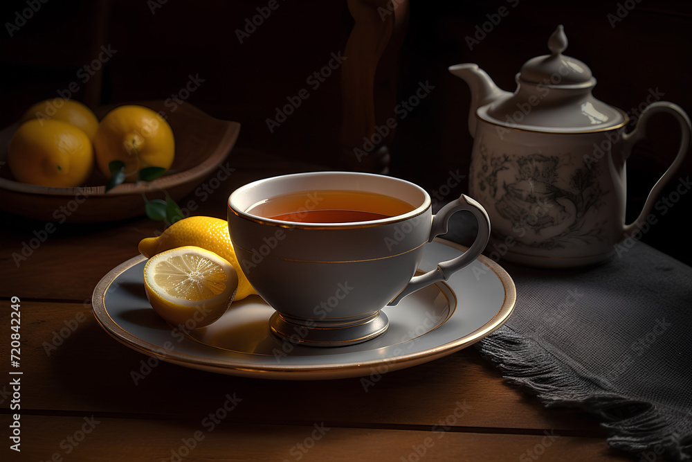 Fototapeta premium A cup of black tea with lemon, beverage photo.