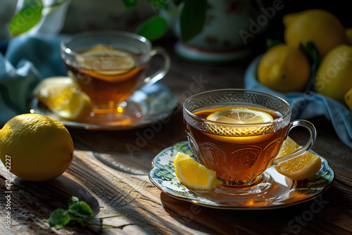 A cup of black tea with lemon, beverage photo.