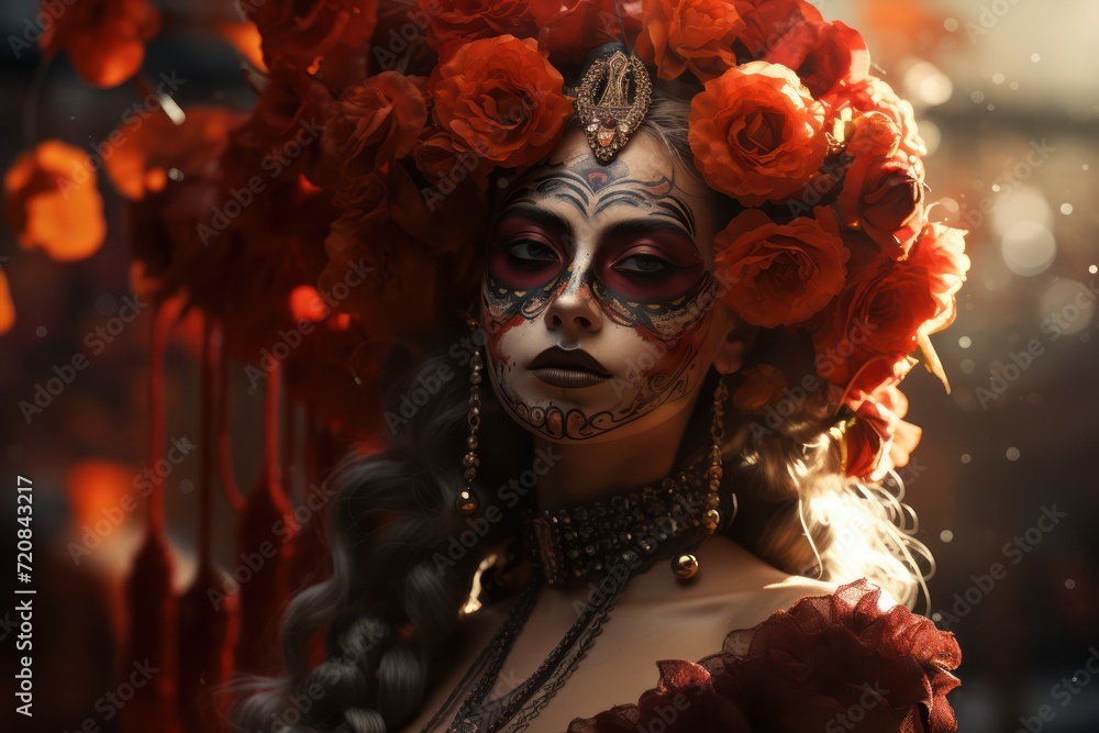 Beautiful Day of the Dead Costume with Flowers in Hair AI Generated