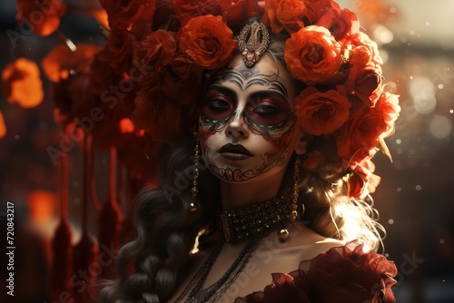 Beautiful Day of the Dead Costume with Flowers in Hair AI Generated