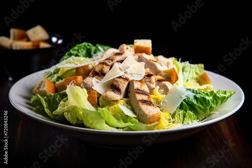 Caesar salad with tomatos and grilled chicken, food photo.