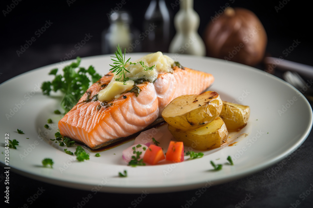 Baked salmon steak with potatoes, food photo. Baked salmon steak with potatoes, food photo.