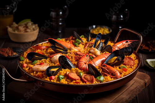 Paella with seafood, food photo.