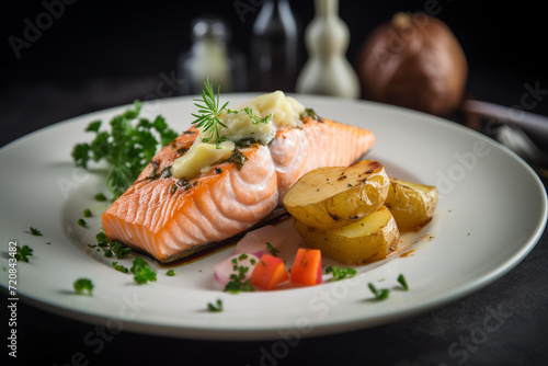 Baked salmon steak with potatoes, food photo.