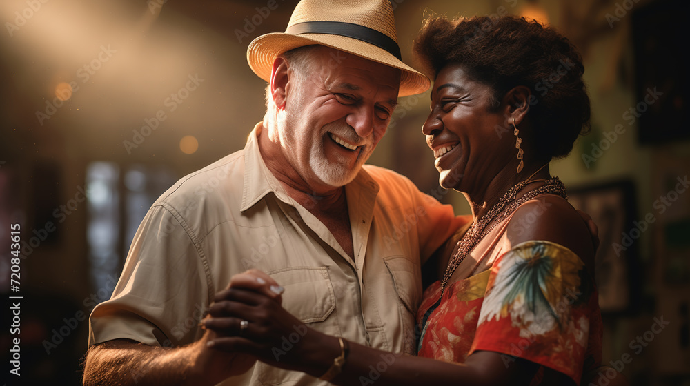 Happy mixed race couple dancing in a club, smiling, and feeling connected. Heartwarming social dance. Mature man and woman in love. Romantic relationship, enjoying life.
