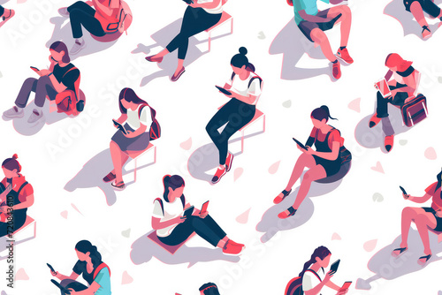 isometric design of people who are sitting and playing