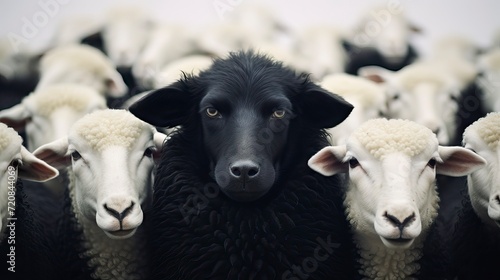 Sheep and lambs in a flock. Black sheep in the flock. Generative AI