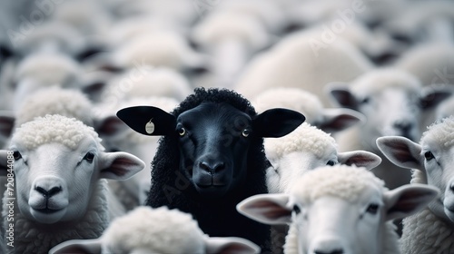 Sheep and lambs in a herd. Black and white image. Generative AI