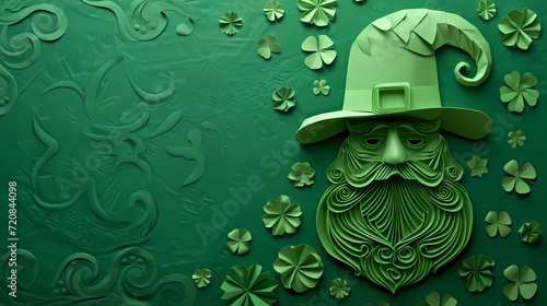 Leprechaun on a green background, St Patricks Day, Shamrocks, clover,  photo