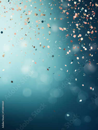 Colorful confetti on soft, dreamy, blue background with bokeh effect. Confetti falling from the sky. Minimalist festive texture. Simple, modern holiday abstract. Copy space.