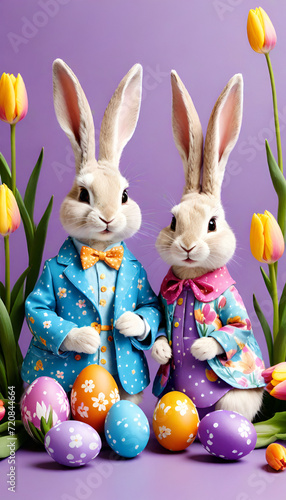 Easter banner Easter bunnies in costumes on a purple background with Easter eggs and tulips