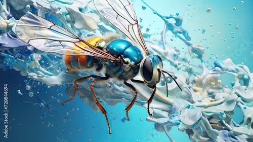 Blue fly in water. 3d illustration, 3d rendering. Generative AI