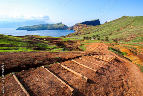 Log stairs on the trail to the Ponta de São Lourenço (tip of St Lawrence) at the easternmost point of Madeira island (Portugal) in the Atlantic Ocean photo
