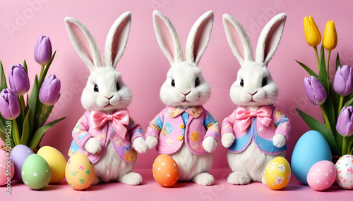 Easter banner Easter bunnies in costumes on a pink background with Easter eggs and tulips © katerinka