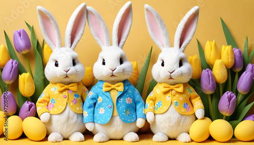 Easter banner Easter bunnies in costumes on a yellow background with Easter eggs and tulips
