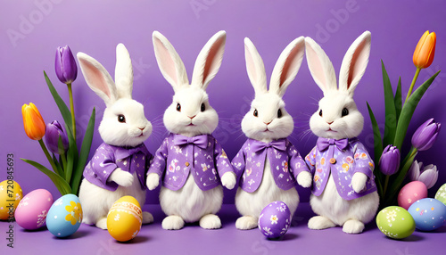 Easter banner Easter bunnies in costumes on a purple background with Easter eggs and tulips
