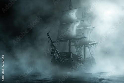 A haunted pirate ship sailing on a mysterious and foggy sea Ghostly ship