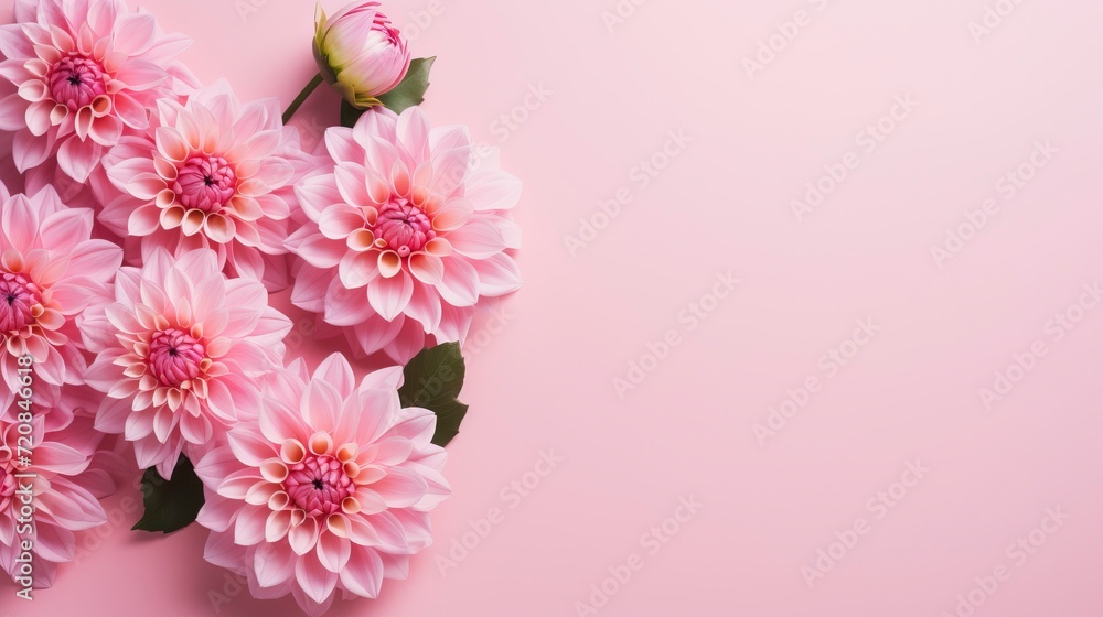 Beautiful pink dahlia flowers on a pink background. Place for text. Generative AI
