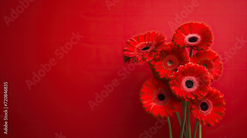 Bouquet of red gerberas on a red background. Generative AI