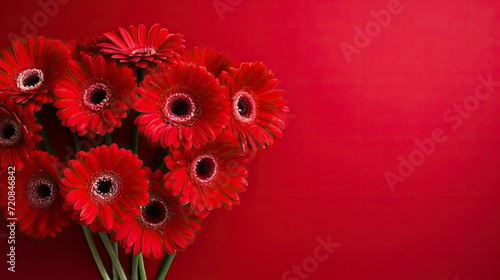 Beautiful red gerbera flowers on red background with copy space Generative AI © Alex
