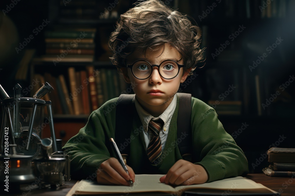 A Boy Working at Desk with School Supplies AI Generated - obrazy, fototapety, plakaty 
