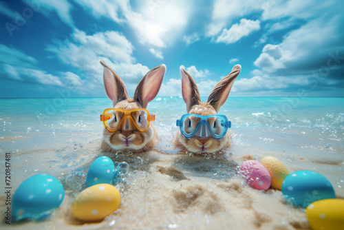 Cute Easter bunnies snorkeling and hunting Easter eggs. Travel agency banner, poster, greetings card concept