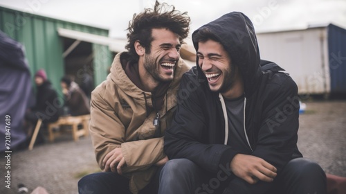 Candid Shot of Refugees Sharing a Moment of Laughter and Camaraderie AI Generated © Alex