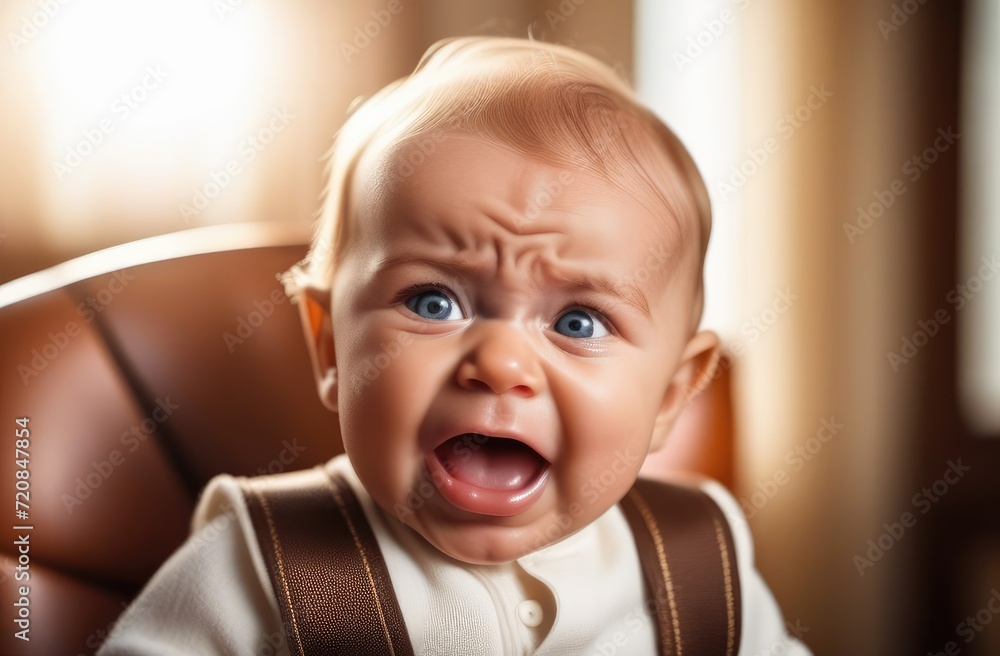 Close-up on small Caucasian boy toddler crying loudly at home in need for baby care Close-up on small Caucasian boy toddler crying loudly at home in need for baby care