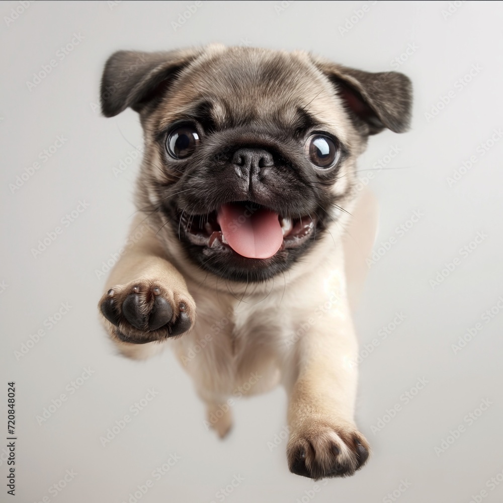 pug pup jumping around on a white background