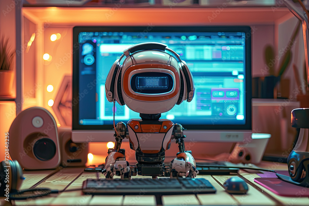 a small robot sitting on a desk, wearing  headphones  and looking at  a computer monitor 