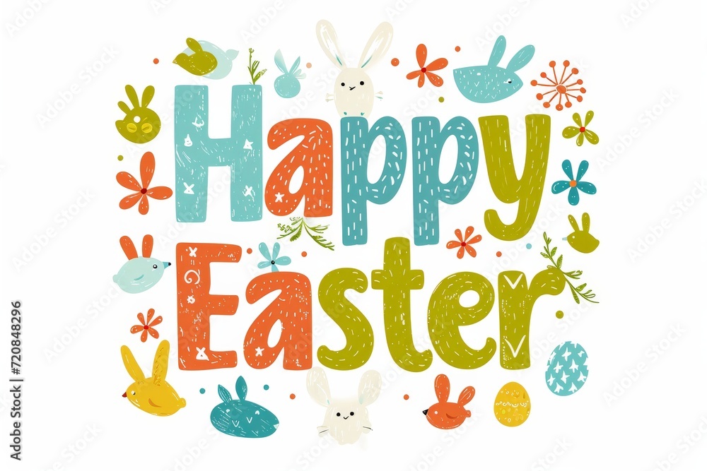 A whimsical design bursting with vibrant colors and playful illustrations of rabbits and eggs, brought to life through carefully chosen fonts and clipart A whimsical design bursting with vibrant colors and playful illustrations of rabbits and eggs, brought to life through carefully chosen fonts and clipart