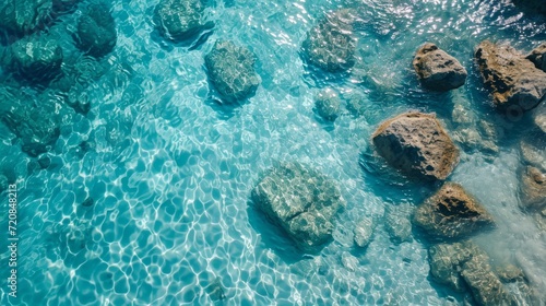 Vibrant turquoise rocks peek through the crystal clear waters of the ocean, creating a mesmerizing underwater reef oasis