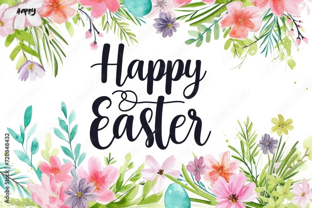 Obraz premium A vibrant bouquet of delicate petals intertwined with hand-lettered text, surrounding a cluster of freshly laid eggs, creating a whimsical and organic composition in watercolor