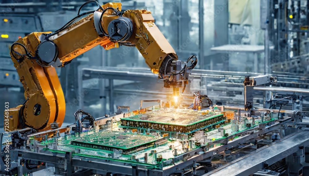 Advanced High Precision Robot Arms on Fully Automated PCB Assembly Line Inside Modern Electronics Factory. Electronic Devices Production Industry. Component Installation on Circuit Board