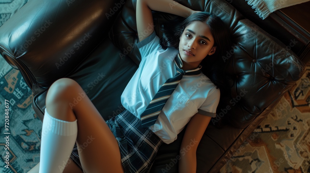 young indian beauty teenager, laying to a sofa, wearing school uniform white tee skirt socks and school shoes, high angle shot