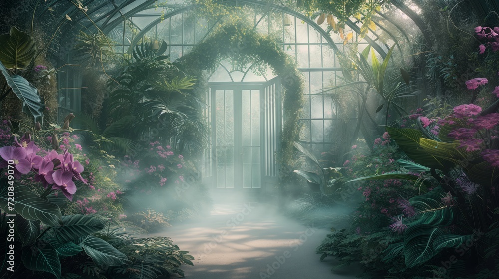 surrealist greenhouse, misty foggy atmosphere plenty of plants, curious and fascinating, pink and purple flowers
