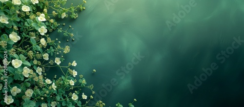 green spring flowers on green background, copy blank space for graphic design banner