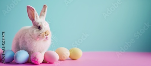 easter cute bunny on a bright background, with colorful eggs, blue and pink, blank space photo