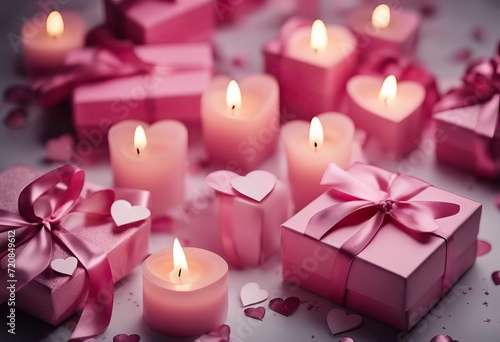 Valentine s Day grunge candles white boxes gift paper celebration background hearts Pink