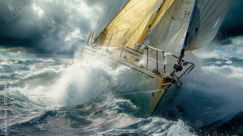 racing sailboat cutting through waves, spray of ocean water, the intensity in the crew's actions, vivid colors of the sail against the stormy sky