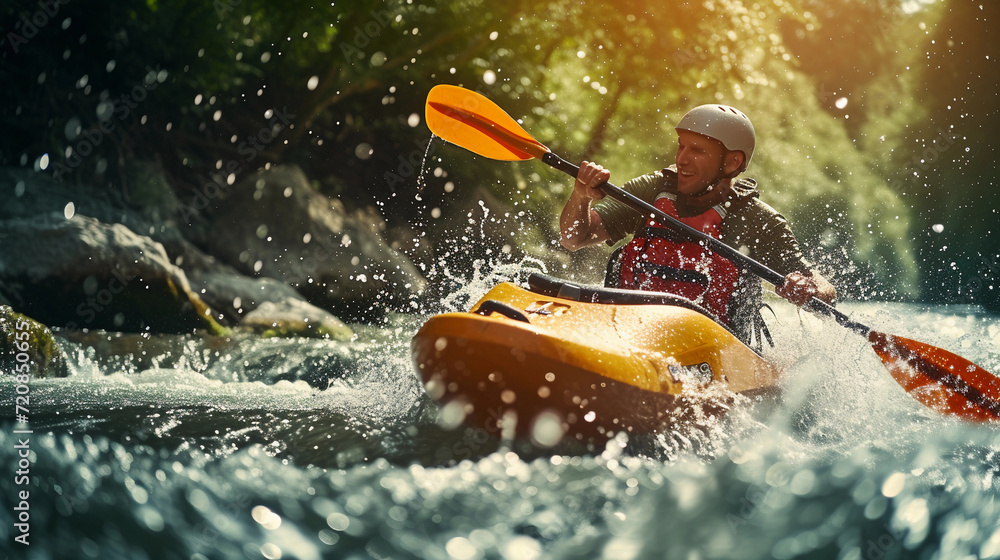 kayaker navigating through rapid river waters, spray splashing around, focus on the intense expression and the dynamic movement of the water, lush green forest in the background kayaker navigating through rapid river waters, spray splashing around, focus on the intense expression and the dynamic movement of the water, lush green forest in the background