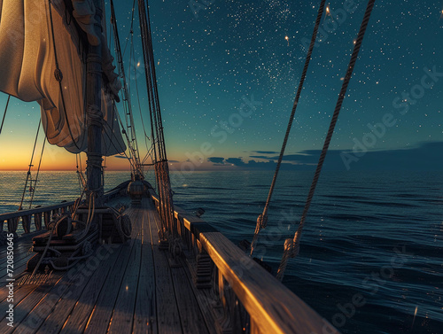 ancient sailing ship on the high seas, detailed wooden deck and sails, the vast ocean around, under a starry night sky
