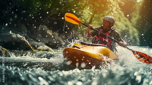 kayaker navigating through rapid river waters, spray splashing around, focus on the intense expression and the dynamic movement of the water, lush green forest in the background