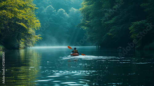 kayaker exploring a calm, winding river, lush greenery on both banks, the kayak cutting smoothly through the water, a sense of peaceful solitude © Marco Attano