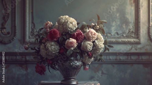 vase with ornate relief work, overflowing with a mix of peonies and hydrangeas, presented in a dimly lit, elegant setting to accentuate the metallic sheen and floral textures