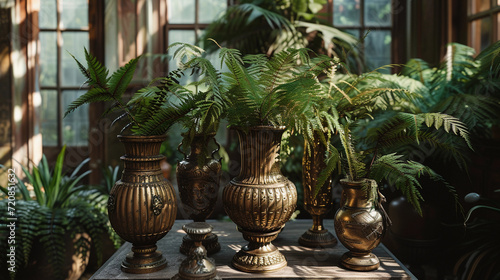 vases of varying heights, each with elaborate engravings, holding lush green ferns, displayed in a sunlit conservatory