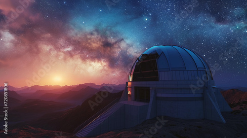 professional astronomical observatory at twilight  featuring a large dome with a massive telescope inside  the telescope s lens focused on a distant nebula  with the Milky Way clearly visible in the b